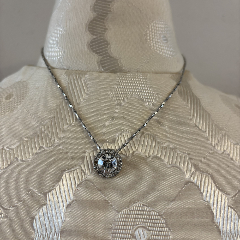 Faux Rhinestone Halo Pendant Necklace Silver Tone